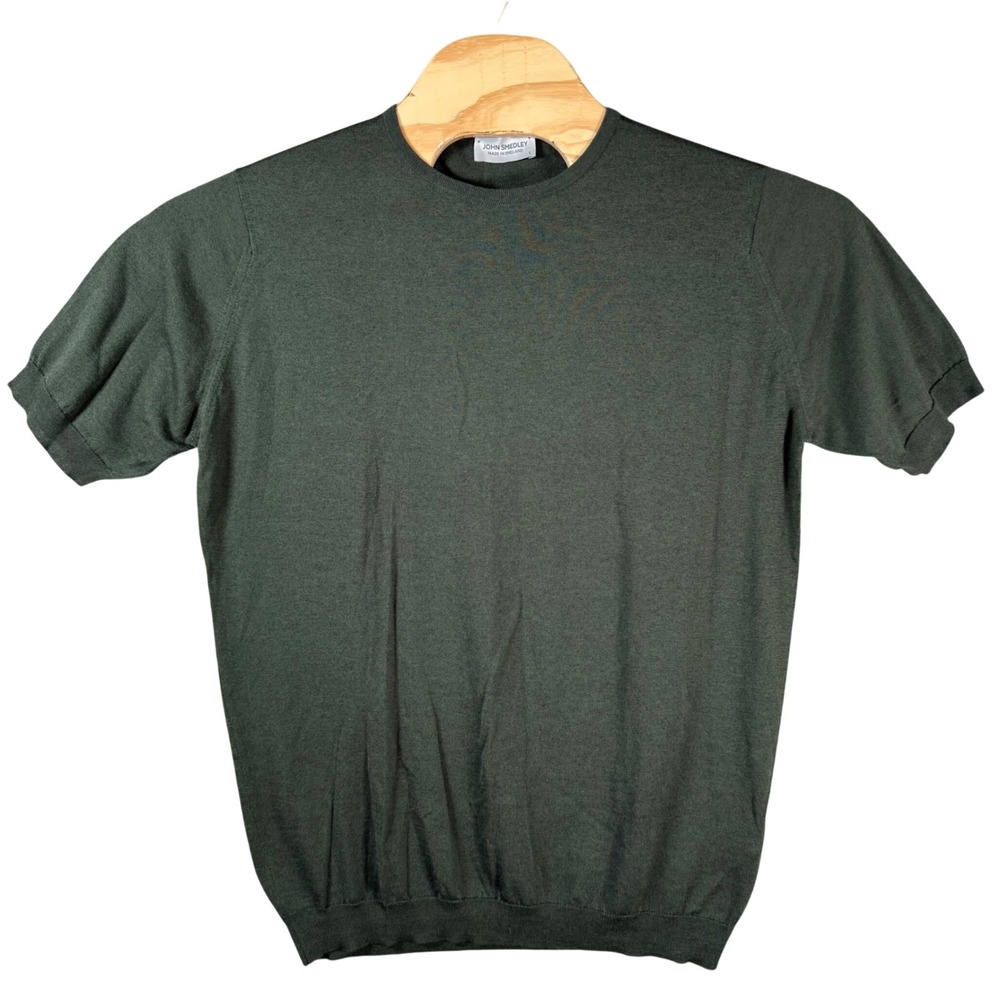 John Smedley Park Knit T-Shirt Mens Large Green Wool Cotton Blend Luxury